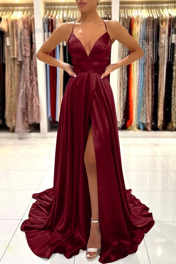 Simple Blue A Line Sleeveless Spaghetti Strap Split Prom Dress With Open Back BMBRIDE