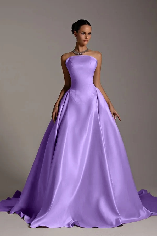 Chic Strapless Sleeveless A Line Long Prom Dress With Pleated BMBRIDE