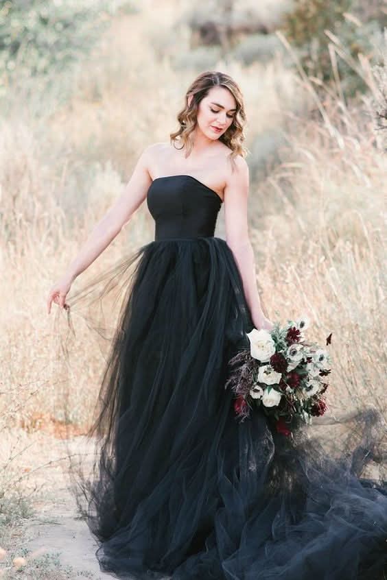 Strapless Black A-line Wedding Dress Floor-length With Tulle BM bride