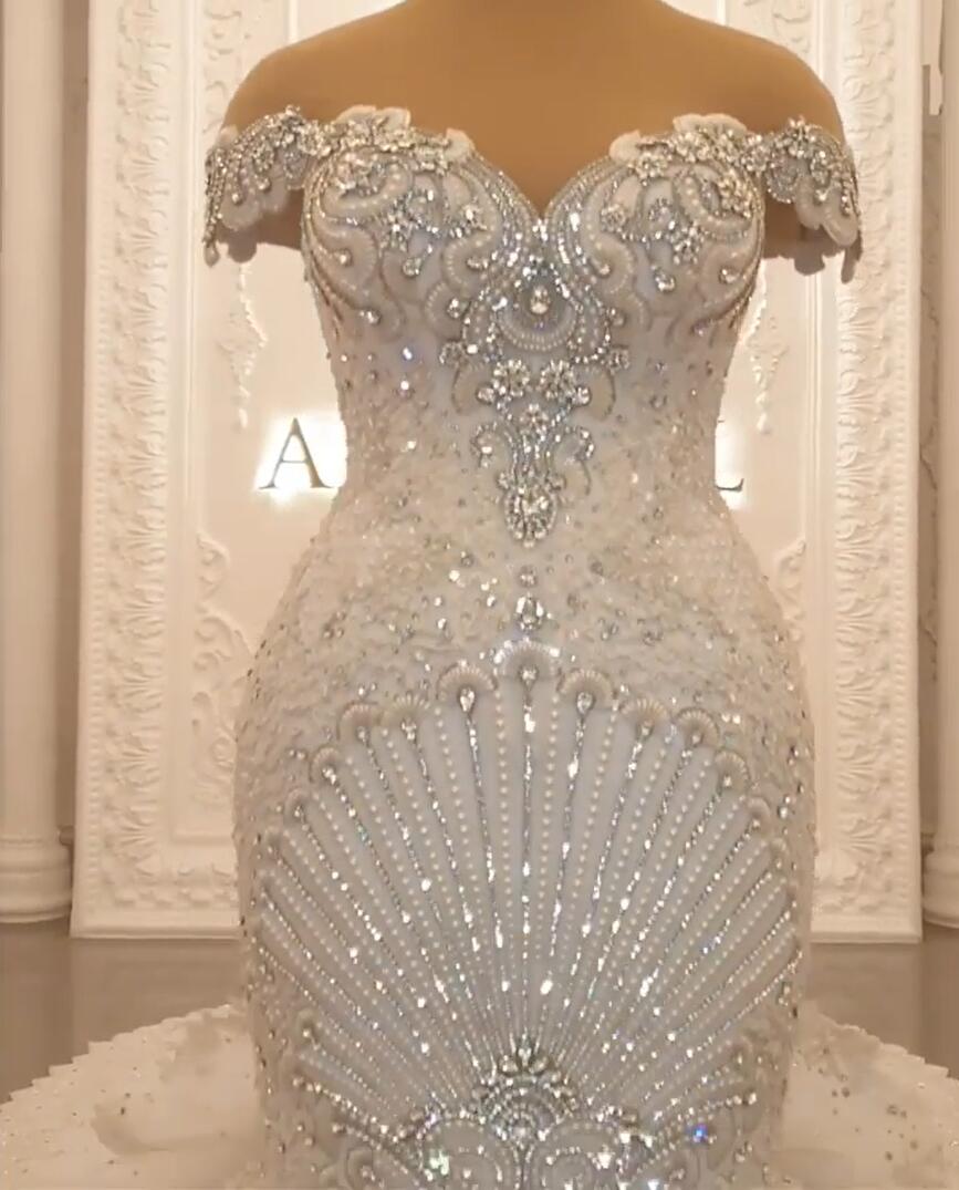 Off-the-Shoulder Floor-Length Backless Mermaid Wedding Dress with Crystal BM bride
