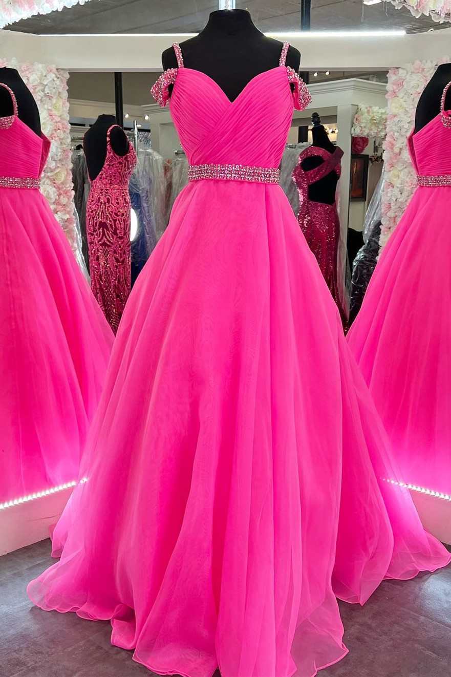 Bright Hot Pink Beaded Cold-Shoulder A-Line Prom Dress BM bride
