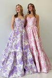 Stunning A-Line Sweetheart Floral Printed Long Prom Dress BM bride