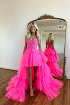 Beautiful Rose Prom Dress with Sleeveless Gown Tulle Train BM bride