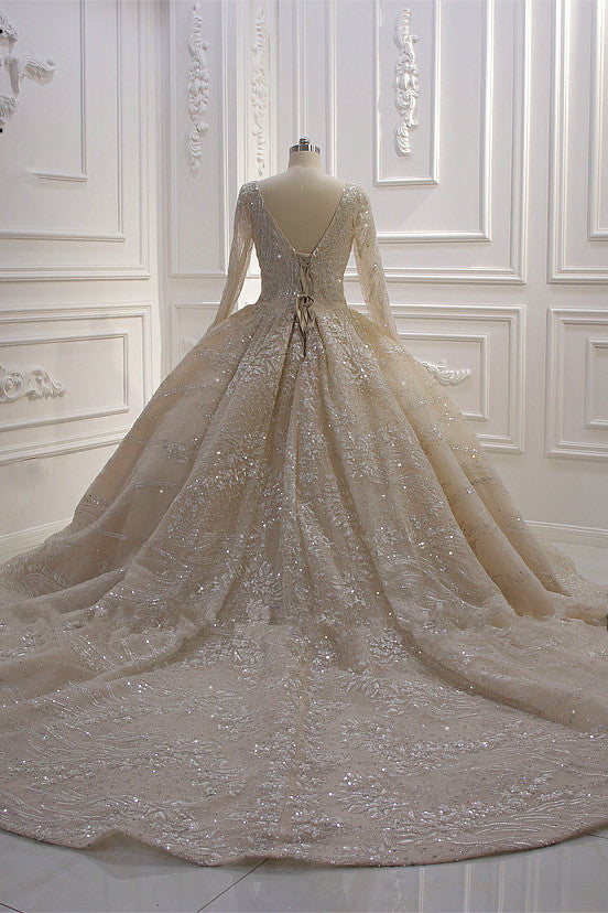 Long Sleeve V-Neck Ball Gown Wedding Dress with Sequins, Beading, and Ruffles BM bride