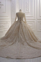 Long Sleeve V-Neck Ball Gown Wedding Dress with Sequins, Beading, and Ruffles BM bride