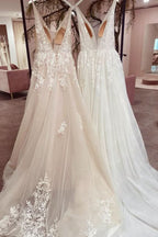 Long Sweetheart A-Line V-Neck Backless Wedding Dress with Tulle Lace BM bride