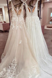 Long Sweetheart A-Line V-Neck Backless Wedding Dress with Tulle Lace BM bride