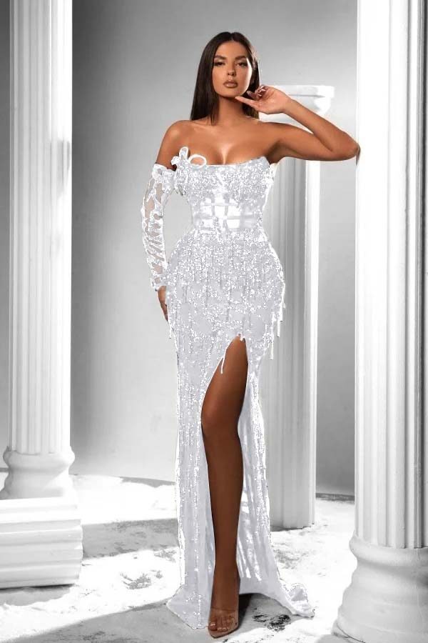 Strapless Long Sleeve High Split Long Prom Dress With Appliques BMBRIDE