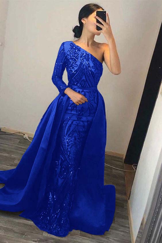 Dark Green Overskirt One Shoulder Long Sleeve Mermaid Prom Dress With Sequins BMBRIDE