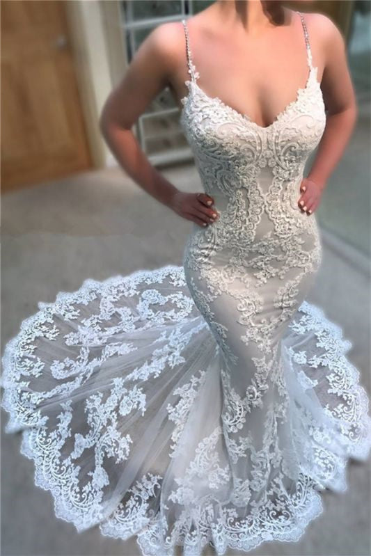 Spaghetti Strap V-Neck Long Mermaid Wedding Dress with Lace Appliques BM bride