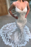 Spaghetti Strap V-Neck Long Mermaid Wedding Dress with Lace Appliques BM bride