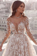Long Sleeve A-Line Tulle Wedding Dress with Lace Appliques BM bride