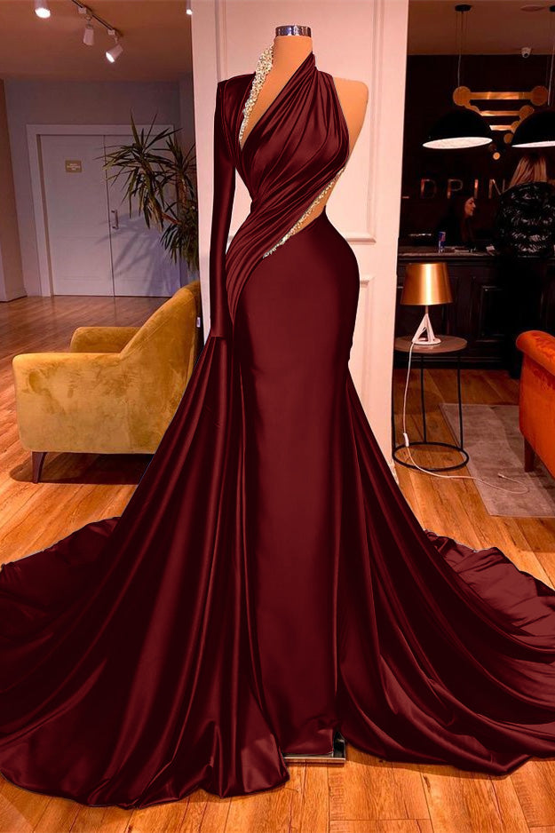 One Shoulder Long Beading Prom Dress Mermaid With Long Sleeve BMBRIDE