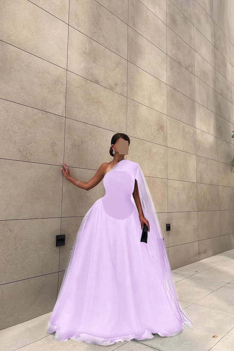 Chic Black Tulle One Shoulder Sleeveless Ball Gown Long Prom Dress BMBRIDE