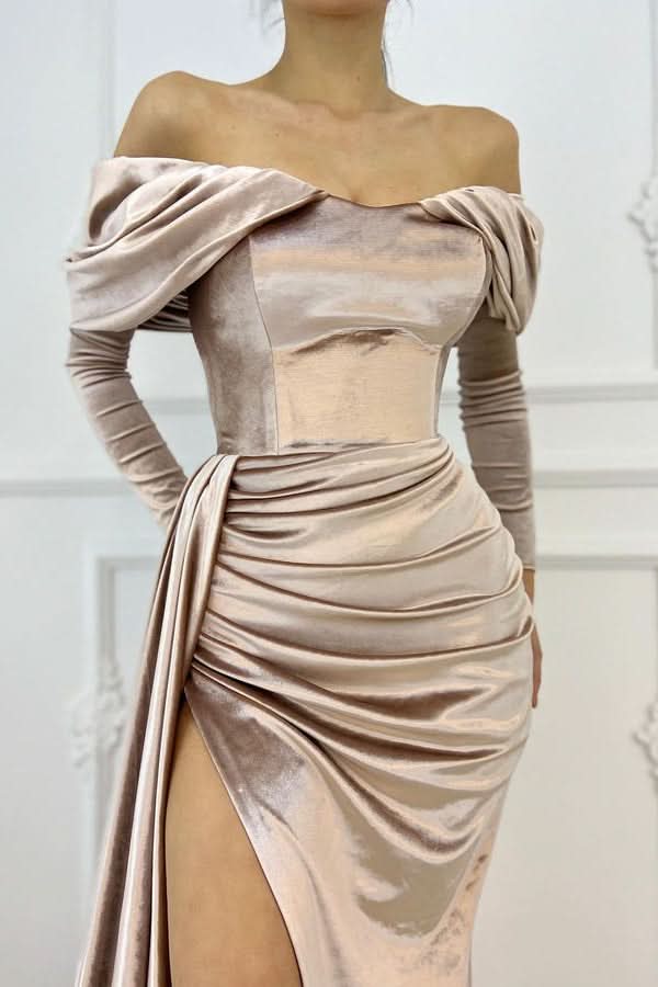 Off-the-Shoulder Long Sleeve Mermaid Prom Dress with Slit BM bride