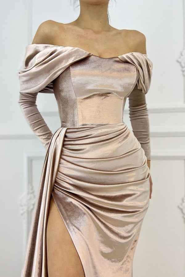 Off the Shoulder Mermaid Prom Dress Long Sleeves With Slit