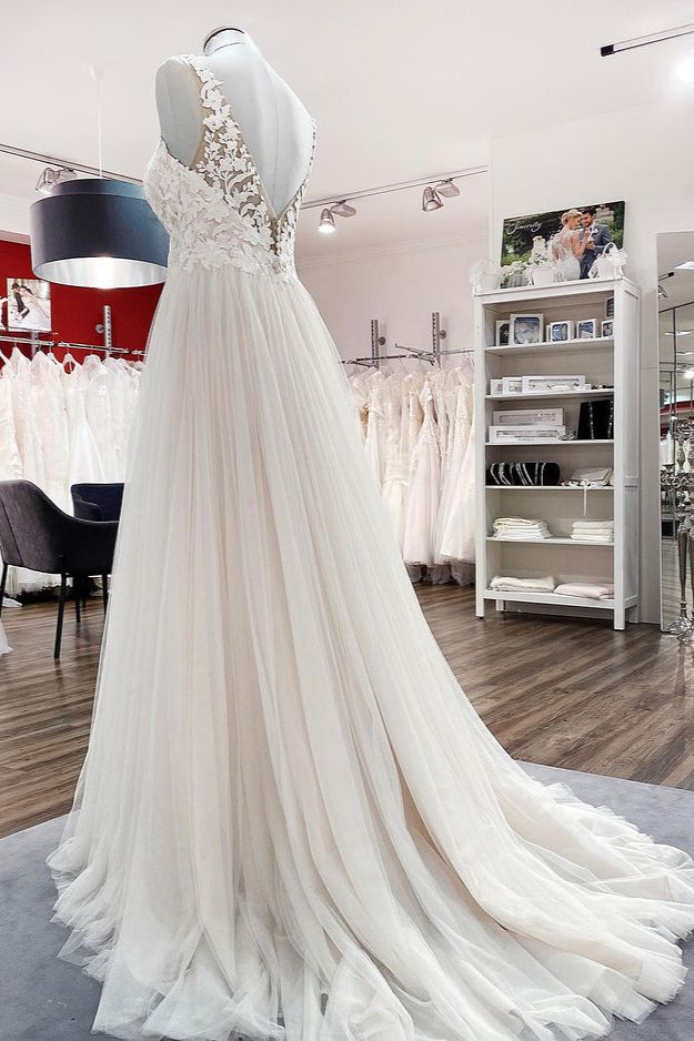 Long A-Line Tulle V-Neck Open Back Wedding Dress with Lace Appliques BM bride