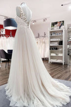 Long A-Line Tulle V-Neck Open Back Wedding Dress with Lace Appliques BM bride