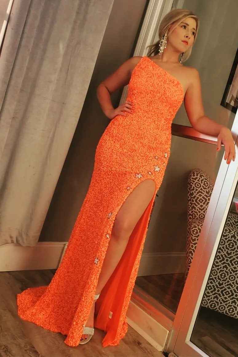 One Shoulder Sleeveless Mermaid Prom Dress Sparkle Sequins With Split
