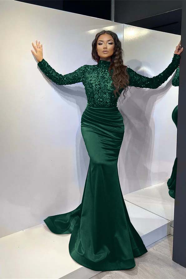 Classic Red Long Mermaid Prom Dress Pleated With Long Sleeves BMBRIDE