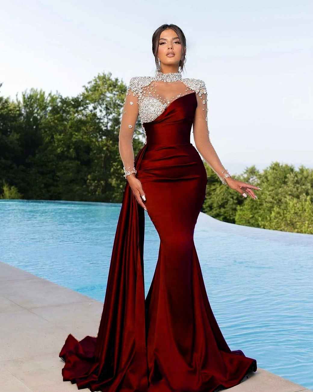 Chic High Neck Long Sleeves Beaded Stain Mermaid Prom Dress With Ruffles