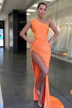 Vintage Orange One Shoulder Sleeveless Mermaid Prom Dress Split With Pleated BMBRIDE