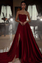 Pink Strapless A Line Sleeveless Sequins Long Prom Dress With Front Split