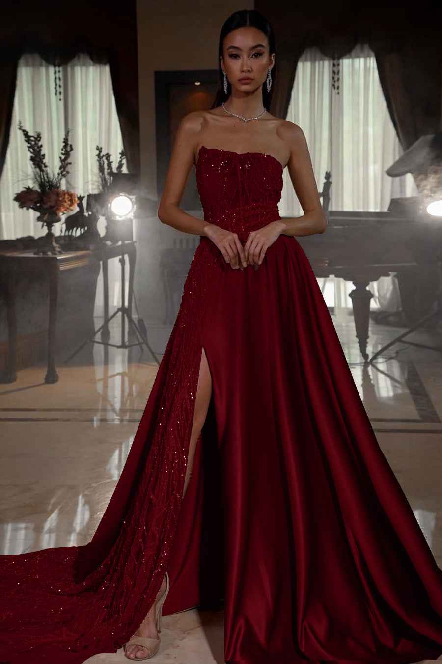 Pink Strapless A Line Sleeveless Sequins Long Prom Dress With Front Split