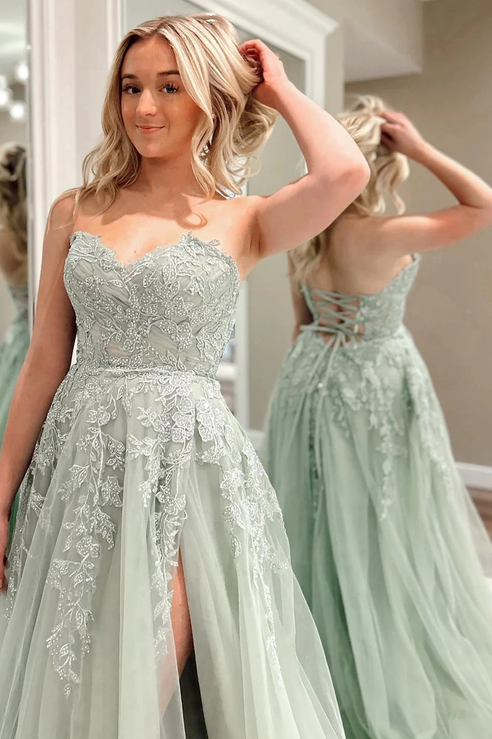 Delightful A-Line Sweetheart Sage Green Tulle Lace Long Prom Dress BM bride