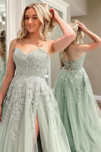 Delightful A-Line Sweetheart Sage Green Tulle Lace Long Prom Dress BM bride