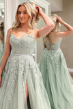Delightful A-Line Sweetheart Sage Green Tulle Lace Long Prom Dress BM bride
