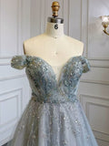 Dusty Blue Sequin Prom Dress, Long A-Line V-Neck Sleeveless, Backless BM bride