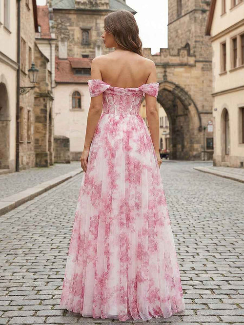 Pink Floral Off-the-Shoulder Corset A-Line Long Prom Dress BMBRIDE