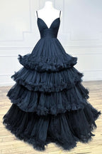 Chic A-line V-Neck Tulle Prom Dress Adorned with Tiered Ruffles BM bride