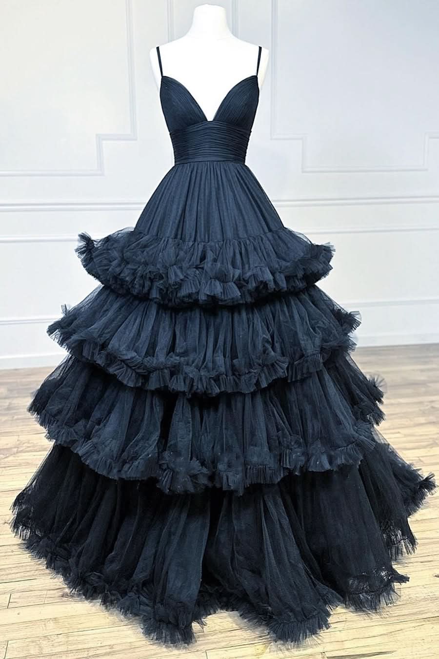 Chic A-line V-Neck Tulle Prom Dress Adorned with Tiered Ruffles BM bride