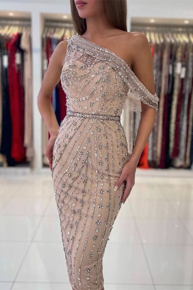Luxurious One Shoulder Sheath Knee-Length Short Prom Dress with Crystals BM bride