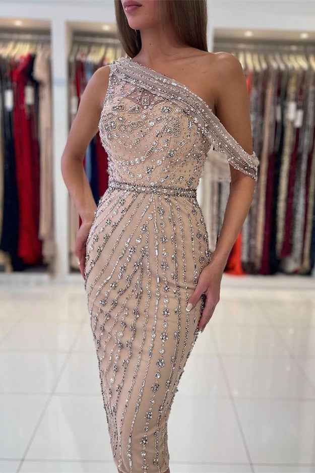 Luxurious One Shoulder Knee Length Sheath Short Prom Dress With Crystals