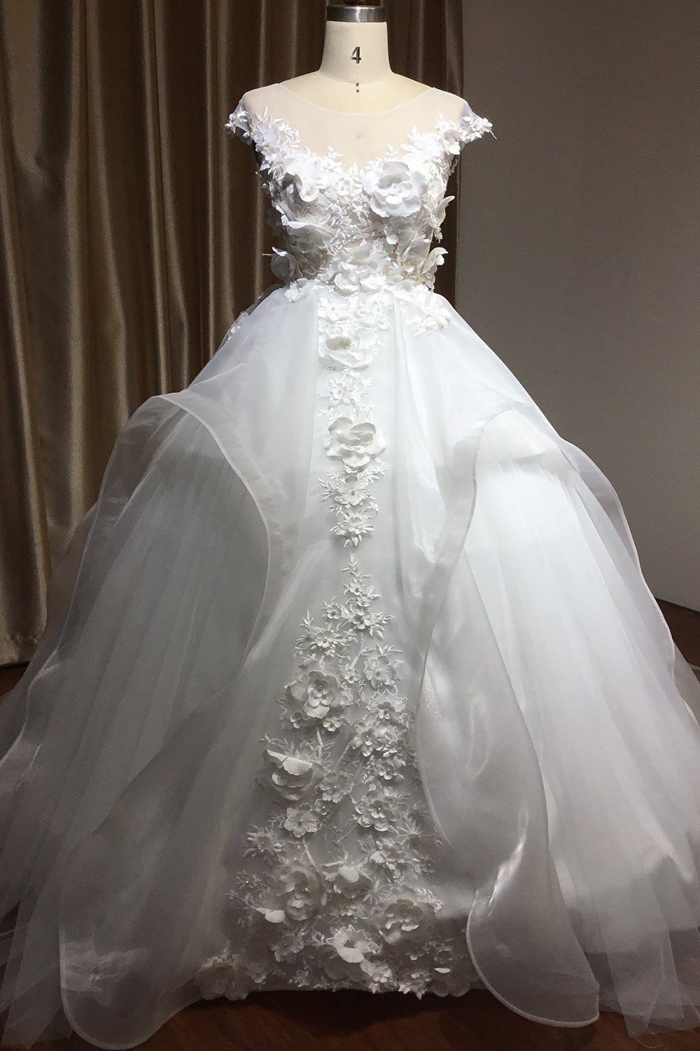 Cap Sleeve Jewel Neck Ball Gown Wedding Dress with Floral Appliques BM bride