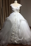Cap Sleeve Jewel Neck Ball Gown Wedding Dress with Floral Appliques BM bride