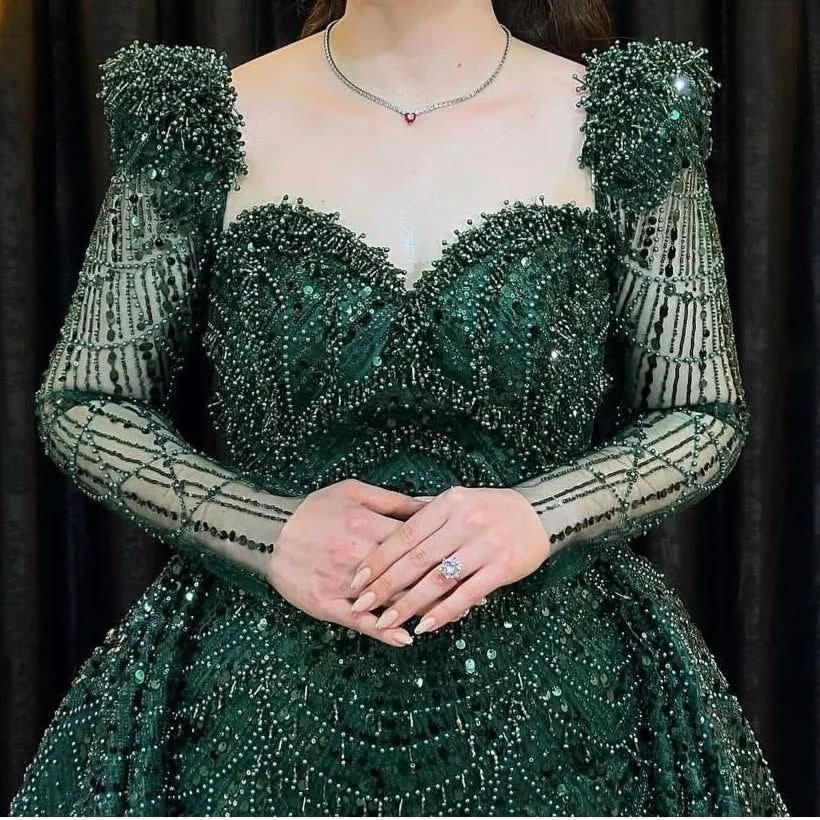 Elegant Green Applique Prom Dress, Long Sleeve Mermaid BM bride