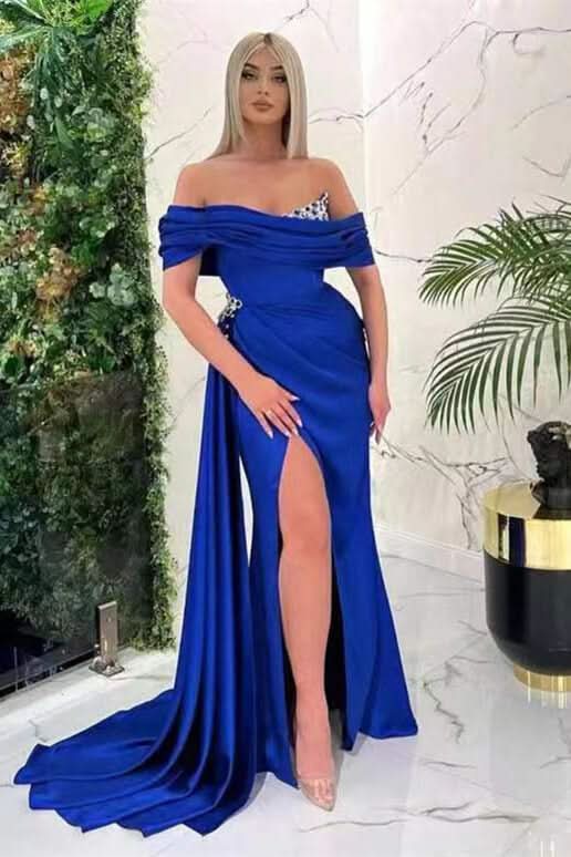 Royal Blue Off-the-Shoulder Mermaid Prom Dress with Ruffles and Split BM bride