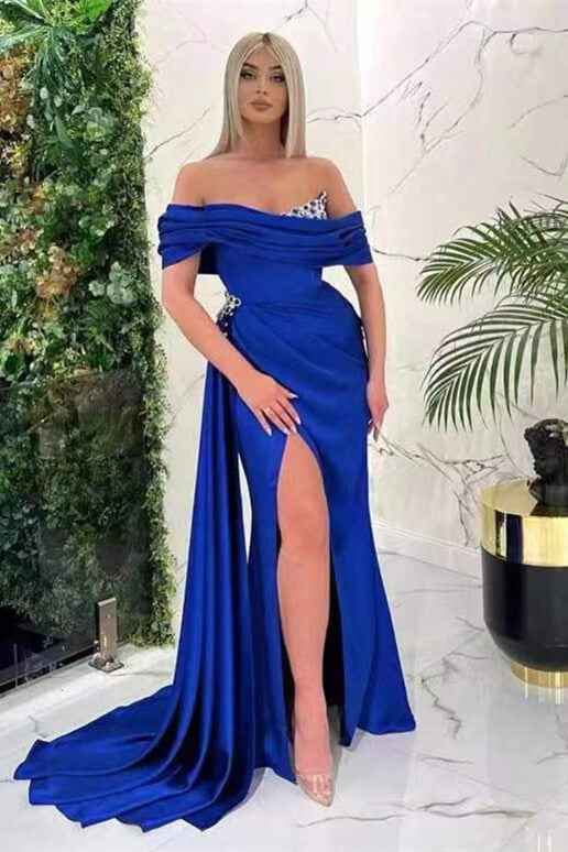 Royal Blue Off the Shoulder Sleeveless Prom Dress Mermaid Split With Ruffles