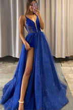 Royal Blue Split Spaghetti Strap Sleeveless Prom Dress With Appliques