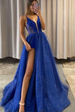 Royal Blue Spaghetti-Straps Evening Dress with Appliques and Split BM bride