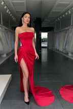 Red Strapless Mermaid Evening Dress Charmeuse with Split BM bride