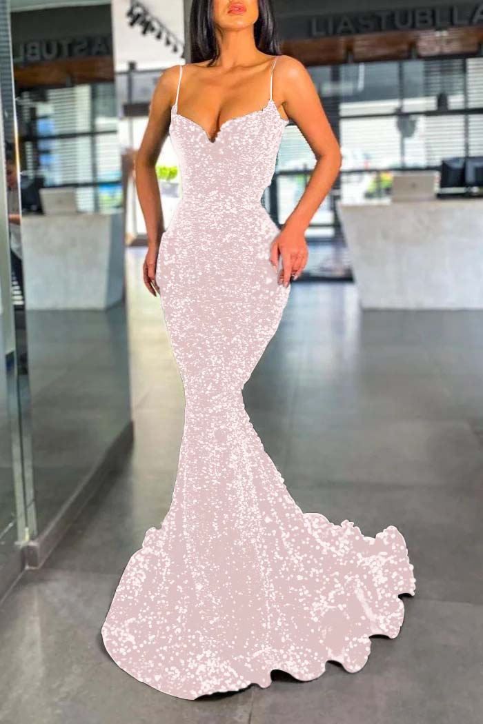 Spaghetti Strap Sleeveless Long Mermaid Prom Dress With Sequins BMBRIDE
