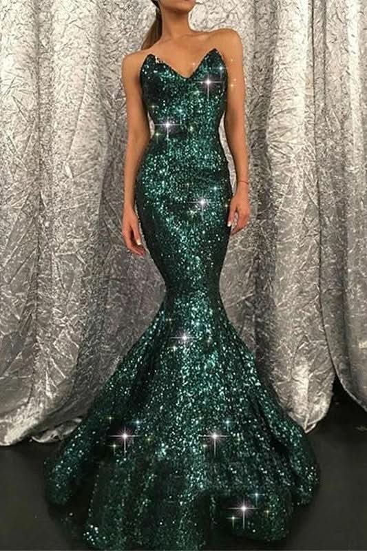 Dark Green Sweetheart Mermaid Prom Dress with Sequins BM bride