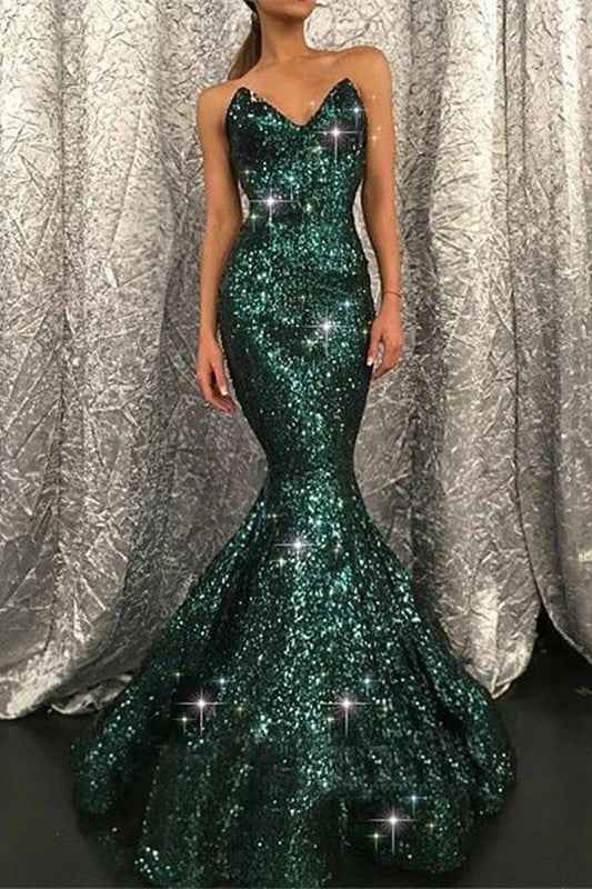 Gorgeous Dark Green Strapless Sleeveless Long Mermaid Sequins Prom Dress