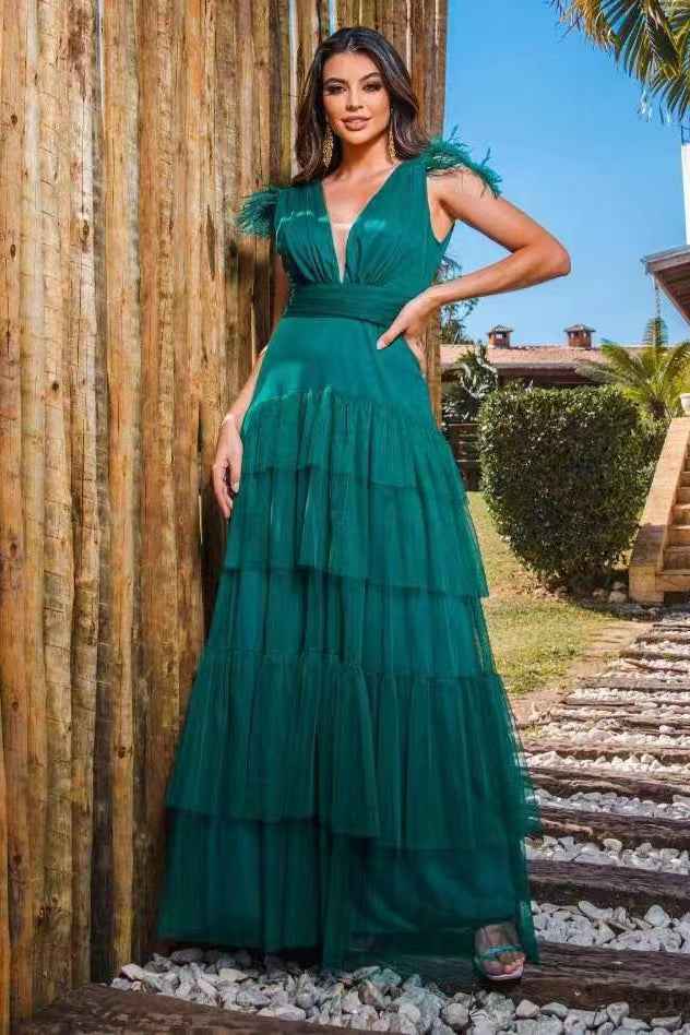 Peacock Straps Deep V Neck Tulle Prom Dress With Feathers Layered