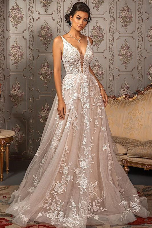 Sleeveless V-Neck Tulle A-Line Lace Appliques Wedding Dress BM bride